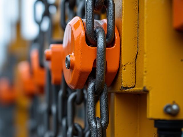 Close up of industrial chains and ratchets securing a heavy excavator to a flatbed trailer