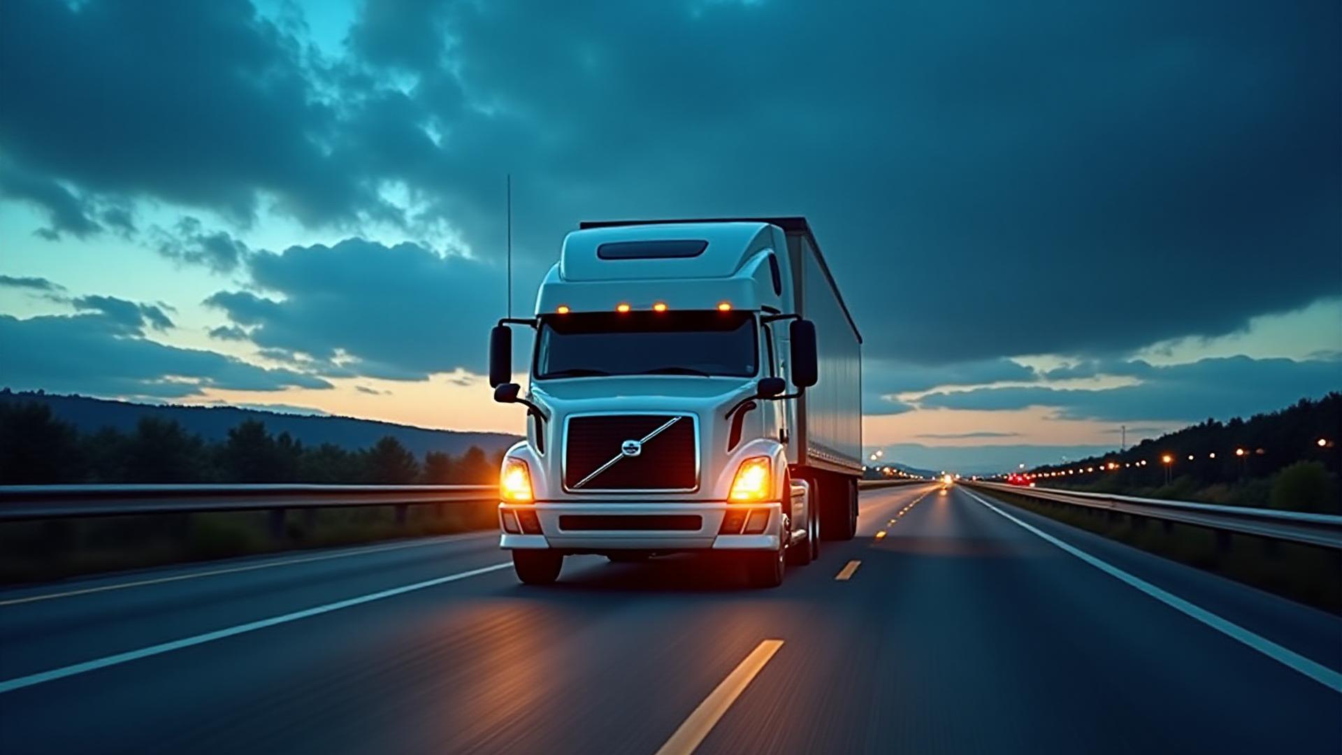 Heavy-duty logistics truck on a highway at dusk