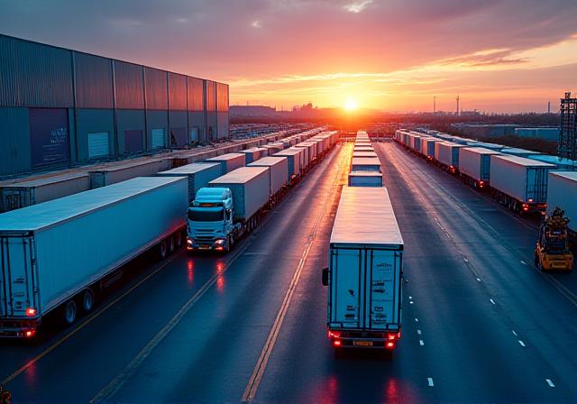 Logistics terminal with workers orchestrating the loading of multiple shipments onto a trailer
